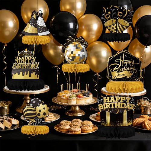 Happy Birthday Decorations Set - Black and Gold Birthday Themed Honeycomb Centerpiece, Table Decoration for Women Men Black and Gold Party Decorations - style: Black Birthday