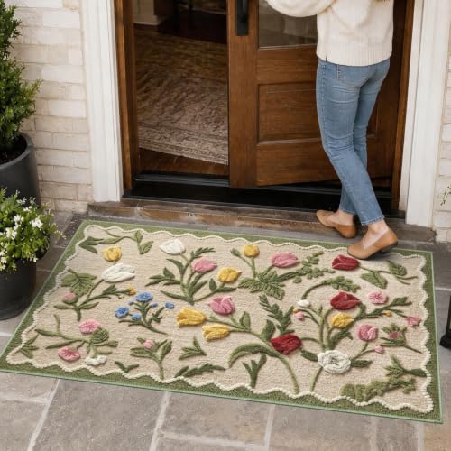 3x5 Small Beige Floral Entryway Rug, Neutral Farmhouse Front Door Mat, Washable Non Slip Thin Low Pile Floor Mat for Indoor Outdoor Kitchen Bathroom Porch - color: Beige Floral, size: 3' x 5' (Rectangular)
