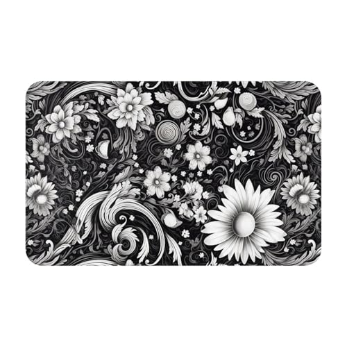 Black White Flower Sketch Bath Mat Non-Slip Soft Flannel Bathroom Rugs Washable Bathmat, Carpet Rug Entryway Decor for Tub Shower Room Floor Home Kitchen,24x16 in - color: Black White Flower, size: 1'4" x 1'11" (Rectangular)