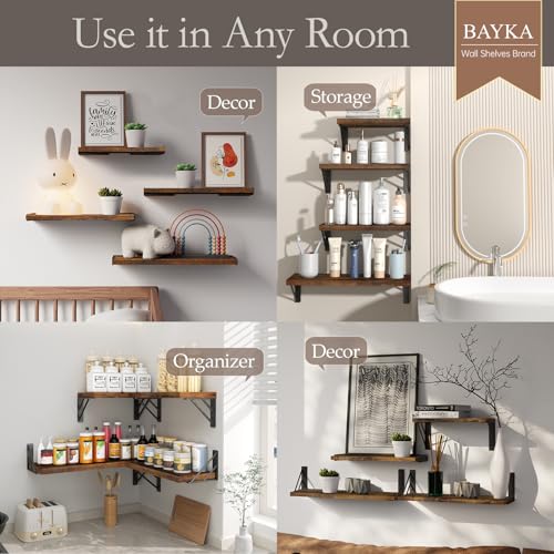 BAYKA Wall Mounted Floating Shelves (Rustic Brown, Set of 4, 16" Mixed) - color: C. Rustic Brown Board & Black Brackets, size: 16 inches Mixed