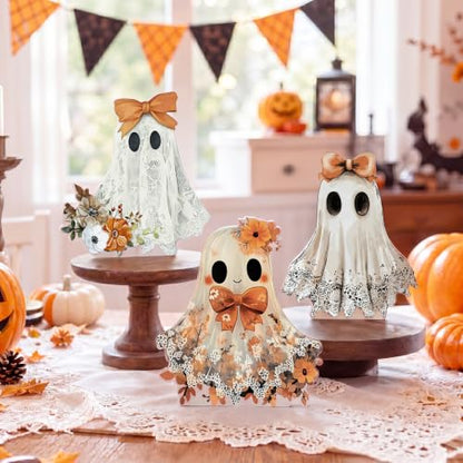 Gerrii 3 Pcs Lace Ghost Halloween Decorations Indoor Wooden Table Signs - style: Lace