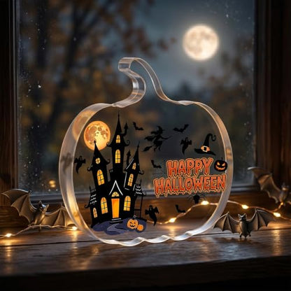 Pumpkin Shaped Acrylic Tabletop Sign, Happy Halloween Standing Decor