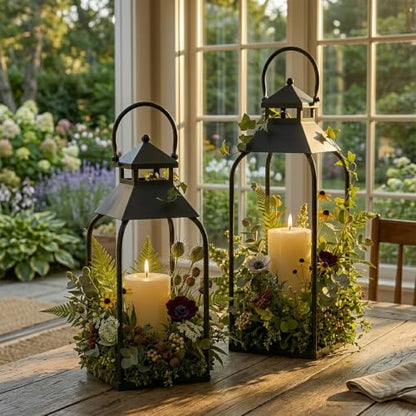 16" 12" Farmhouse Metal Lanterns, Arched Handle Candle Holder for Fireplace