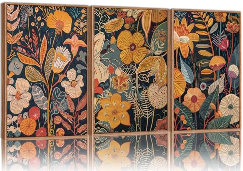 SIGNINART Orange Floral Framed Canvas Wall Art Set of 3, Mid Century Modern Flower Wall Decor, Neutral Plant Artwork, Boho Botanical Art Prints for Bedroom Living Room Office 16"x24"x3 - color: Floral, size: 24"L x 16"W