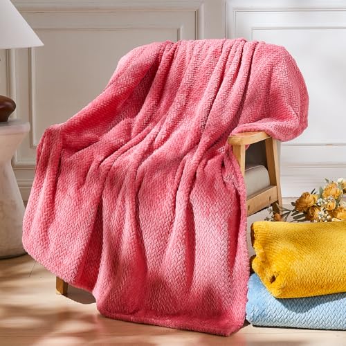 NEWCOSPLAY Fleece Leaves Pattern Queen Blanket, Coral Pink, 90"x90" - color: Coral Pink, size: Queen(90"x90")