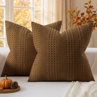 a moment 2 Pack Bamboo Fiber Pillow Covers - Waffle Weave, Ultra Soft & Breathable, Skin-Friendly Cotton Throw Pillow for Couch, Sofa, Bedroom Living Room 18x18 Inch Dark Brown - color: Dark Brown, size: 18" x 18" (Pack of 2)