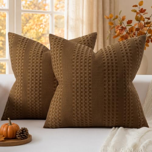 a moment 2 Pack Bamboo Fiber Pillow Covers - Waffle Weave, Ultra Soft & Breathable, Skin-Friendly Cotton Throw Pillow for Couch, Sofa, Bedroom Living Room 18x18 Inch Dark Brown - color: Dark Brown, size: 18" x 18" (Pack of 2)
