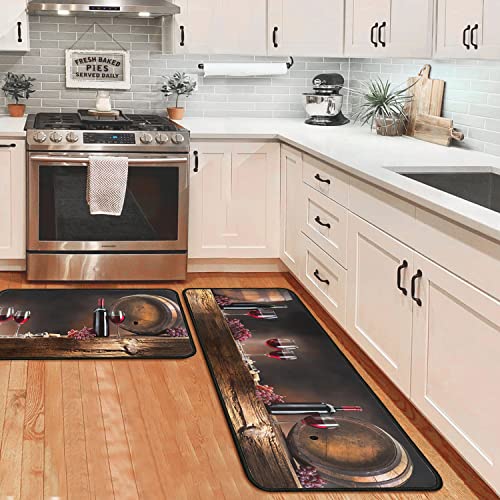 Wine Grape Kitchen Rugs Set of 2, Vintage Wine Barrel Bottle Glass Floor Mats,Absorbent Non Slip Farmhouse Kitchen Runner Rug for Sink Laundry Room Decor, 17"x30"+17"x47" - color: Red Wine