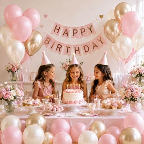 Pink and Gold Balloons, 12 Inch Pastel Light Pink and Pearl Sand White Latex Balloon with Metallic Champagne Gold Beige Balloon for Boho Princess Women Birthday Baby Bridal Shower Wedding Engagement - color: Baby Pink White Gold