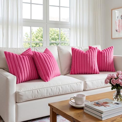 MIULEE Faux Fur Plush Decorative Throw Pillow Covers 18x18, Hot Pink - color: Hot Pink, size: 18" x 18" (Pack of 4)