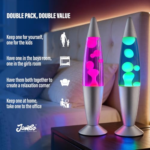 JAMBO 2 Pack- 16" Beautiful Lamp- Blue with Yellow/Green Wax and Purple with Pink Wax, Relaxing Liquid Lamp, Night Light Nightlight, Lamps for Adults Teens Kid - color: Silver Base, Blue Liquid, Yellow Wax AND Silver Base, Purple Liquid, Pink Wax