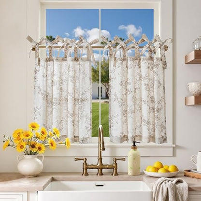 jinchan Taupe Floral Kitchen Tier Curtains Alisa 24 Inches Tie Top 2 Panles - color: Alisa Taupe on Linen, size: 26"W x 24"L (Pack of 2)