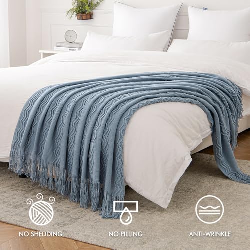 MIULEE Dusty Blue Knitted Boho Throw Blanket for Couch 50"x60" - color: Dusty Blue, size: 50" x 60"