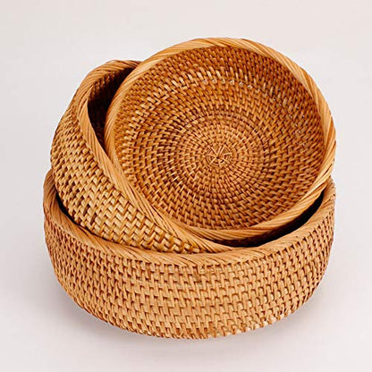 3 Pack Hadewoven Round Rattan Fruit Basket Wicker Food Tray Weaving Storage Holder Dinning Room Bowl, 10 Inch Small Wicker Basket Serving Tray Woven Basket for Bread,Snack,Brown(3-Size Kit) - size: 3-Size Kit (Includes 10")
