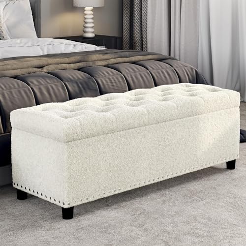 BELLEZE Storage Ottoman, Tufted Ottoman with Close Hinge, Foot Rest for Living Room (White, 47 inch) - color: White