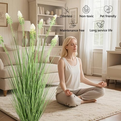 4ft 2-Pack Faux Horsetail Reed Grass with White Cockscomb Flower in Pot - color: White