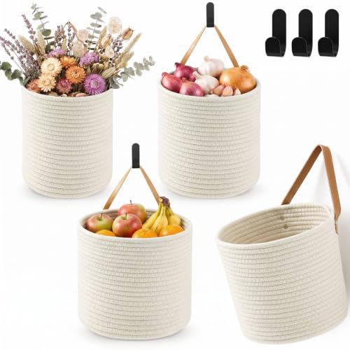 Honeydak 3 Hanging Baskets, Cream, Round Bucket Basket - color: Cream, style: Round Bucket Basket