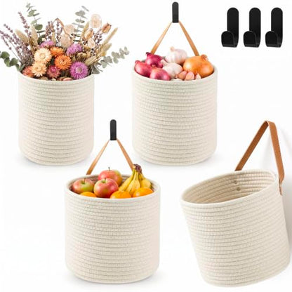 Honeydak 3 Hanging Baskets, Cream, Round Bucket Basket - color: Cream, style: Round Bucket Basket
