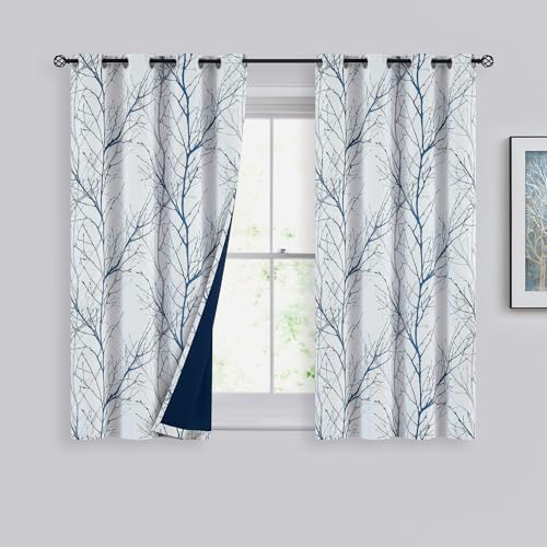 FMFUNCTEX 100% Blackout Blue Grey Tree Branch Curtains 54 Inch 2 Panels - color: Grommet | Blue, size: 52"W x 54"L (Pack of 2)