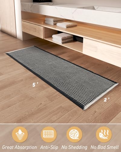 Upgraded Waffle Bath Mat Runner Absorbent Non Slip Bathroom Mat, 2' x 5' - color: Black & Cream, size: 2' x 5'