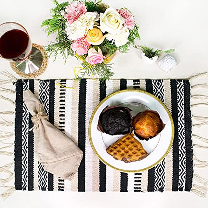 CHARDIN HOME Black, Cream, White Boho Placemats (Set of 4) | Cotton Farmhouse Placemats 13x19 Inches| Machine Washable, Durable and Easy to Combine - color: Ivory-black, size: 13x19 Inch.