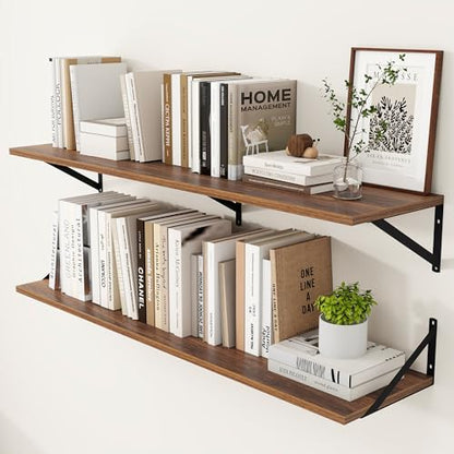 Heimlove 48W x 12D Deep Floating Shelves Set of 2 Walnut - color: Walnut With Black Metal Bracket, size: 48Wx12Dx5.8H