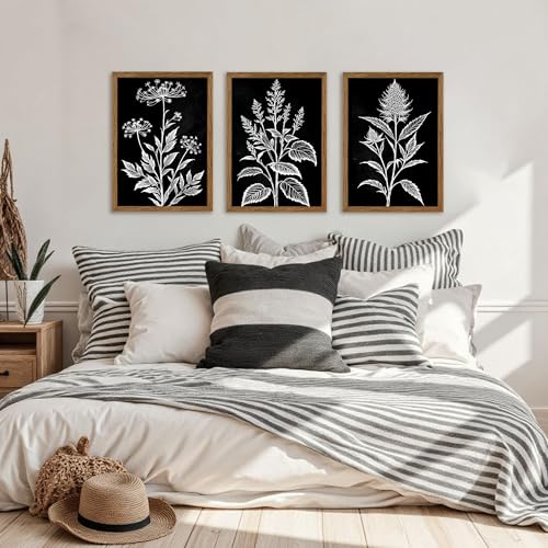 AVECCO 3 Pieces Black White Botanical Wall Art Canvas Framed 16x24 Inch - color: Dark, size: 24"L x 16"W
