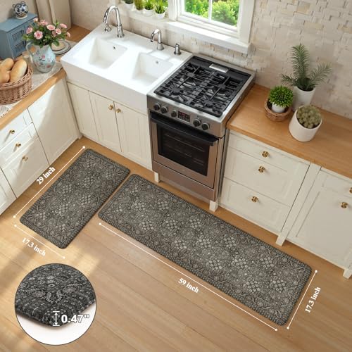 KIMODE Anti Fatigue Kitchen Mat 2PC,Waterproof Farmhouse Green Kitchen Rugs - color: Green/Grey, size: 59"L x 17.3"W x 0.47"Th + 29"L x 17.3"W x 0.47"Th
