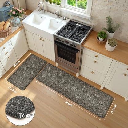 KIMODE Anti Fatigue Kitchen Mat 2PC,Waterproof Farmhouse Green Kitchen Rugs - color: Green/Grey, size: 59"L x 17.3"W x 0.47"Th + 29"L x 17.3"W x 0.47"Th