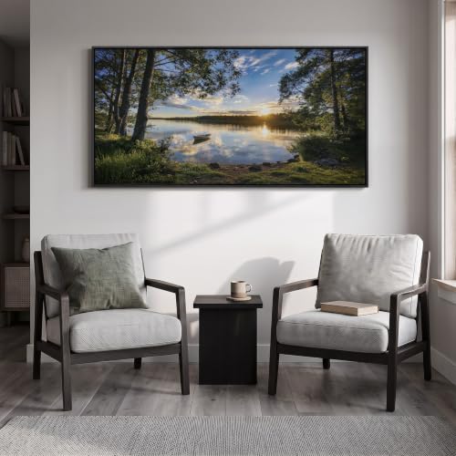 Large Framed Sunrise Lake Landscape Wall Art for living room, 60x30 Inch - color: Blue
