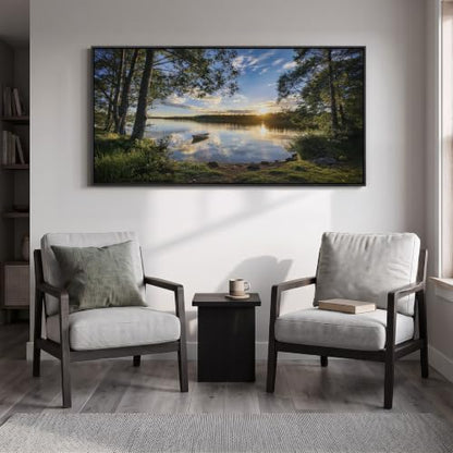 Large Framed Sunrise Lake Landscape Wall Art for living room, 60x30 Inch - color: Blue