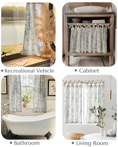 jinchan Blue Floral Kitchen Tier Curtains Alice 24 Inches Tie Top 2 Panles - color: Alice Blue on Linen, size: 26"W x 24"L (Pack of 2)