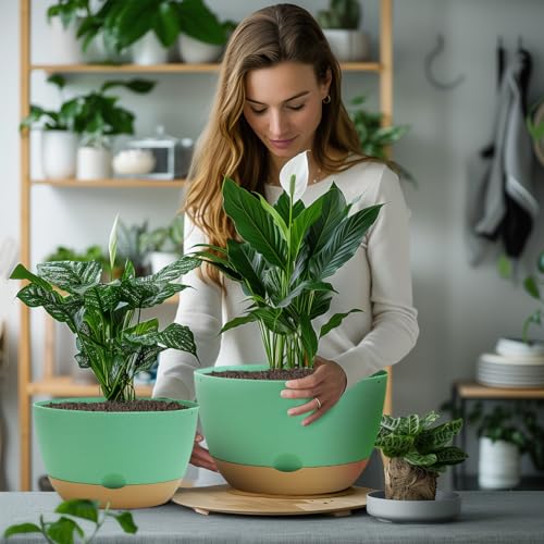 Koalaime 8/10/12 Inch Pots for Indoor Plants, Large Self Watering Planters with Drainage and Saucers, Plastic Outdoor Flower Pot, Set of 3, Green - color: Green