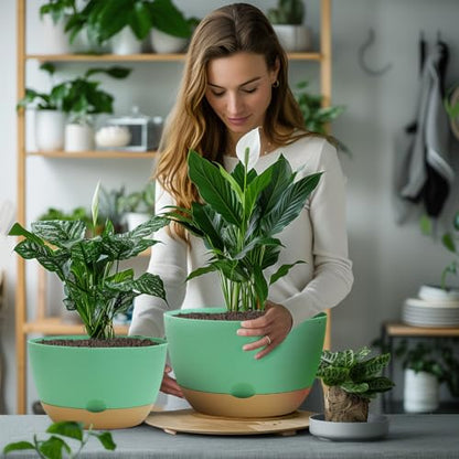 Koalaime 8/10/12 Inch Pots for Indoor Plants, Large Self Watering Planters with Drainage and Saucers, Plastic Outdoor Flower Pot, Set of 3, Green - color: Green