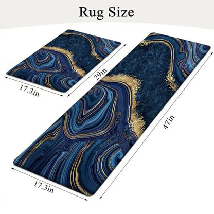 Kitchen Mats Set of 2, Cushioned Anti Fatigue Non Slip Waterproof Runner, Blue Marble and Golden Veins Design, PVC Memory Foam for Kitchen Sink and Laundry - color: Blue Marble