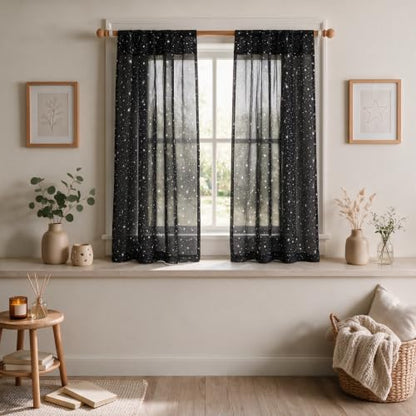 Horaldaily 2Pcs Black Sheer Curtains 52x63in, Silver Sequin Star, Halloween - color: Black and Sliver, size: 52"W x 63"L (Pack of 2)