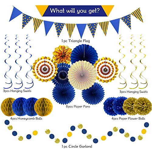 24 Pcs Blue Gold Party Decorations, Paper Fans Pom Poms Banner - color: Blue