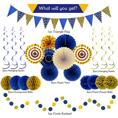 24 Pcs Blue Gold Party Decorations, Paper Fans Pom Poms Banner - color: Blue
