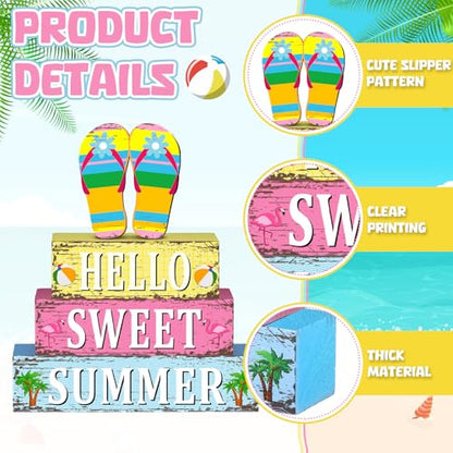 Geelin 4 Pcs Summer Flip Flop Wood Table Decor Hello Sweet Summer Sign - style: Summer