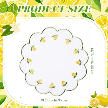Qinyoung 6 Pieces Lemon Placemats 13.8 Inch Scalloped Embroidery placemats Fabric Linen Cotton mats Set Round Decorative Dining Table Mats for Wedding Birthday Bridal Party Decor - size: 13.8 Inches, style: Lemon
