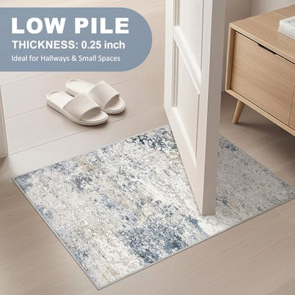 DMOYEST 2x3 Entryway Area Rug Washable Abstract Beige Blue Small Carpet - color: Beige Blue, size: 2' x 3' (Rectangular)