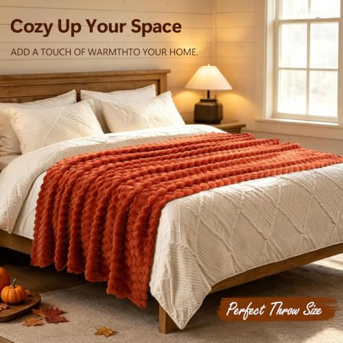 Vessia Flannel Fleece Throw Blanket, 3D Jacquard Rust Fuzzy and Warm Blanket for Couch, Sofa, Bed, 300GSM Super Soft Touch Cozy Home Decor for All Seasons (50x70 inches) - color: Rust, size: 50×70inch