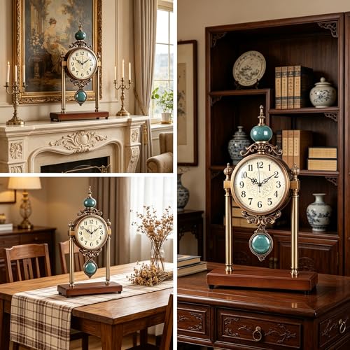 Vintage Mantel Clock, Silent Non-Ticking Table Clock with Pendulum, Luxury Metal & Wood Desk Clock for Living Room, Bedroom, Study Room Decor