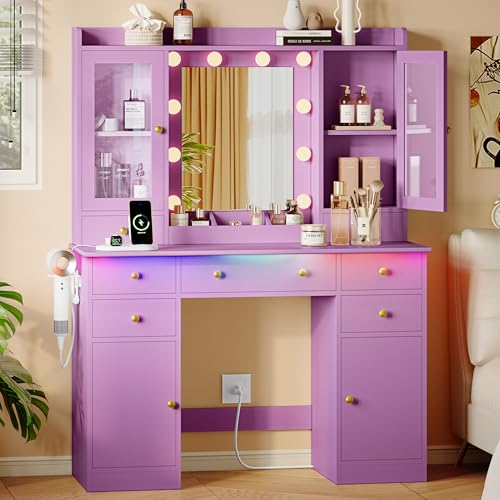 Xixini 44" Vanity Desk with Mirror & Lights, Glass Storage Cabinets, Purple - color: Purple