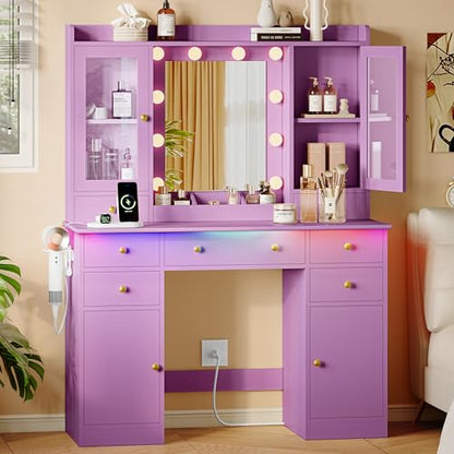 Xixini 44" Vanity Desk with Mirror & Lights, Glass Storage Cabinets, Purple - color: Purple
