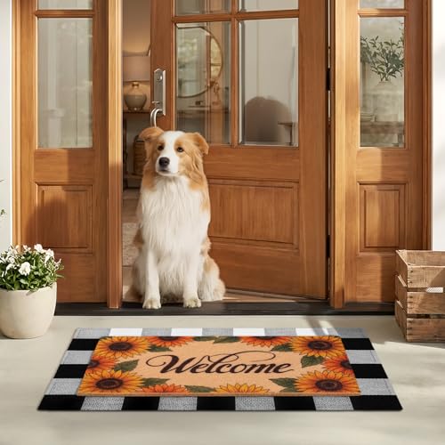 2-Piece Layered Welcome Mat Set - Coir Doormat & Buffalo Plaid Rug - color: Floral Sunflower