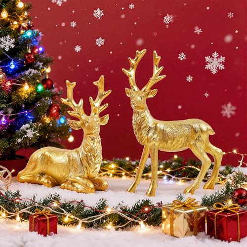 Lulu Home 2 Packs Gold Reindeer Figurines, Sitting & Standing - style: 2 Peers with Texture