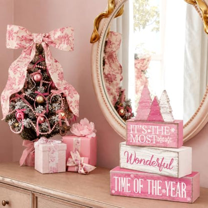 Moucuny 4 Pcs Christmas Table Decoration Wooden Pink Wooden Christmas Tree - style: It’s the Most Wonderful Time of the Year