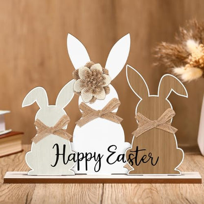 Colingmill 3 Pcs Easter Bunny Wood Centerpiece, Removable Base Burlap Bow