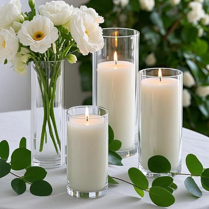 Homjoy 12 PCS White Pillar Candles with Glass Candle Holders Clear Hurricane Candle Holders Glass Cylinder Vases for Centerpieces Wedding Party, Event, Home Office (6 Candles+6 Candle Hoders) - style: 12 PCS White